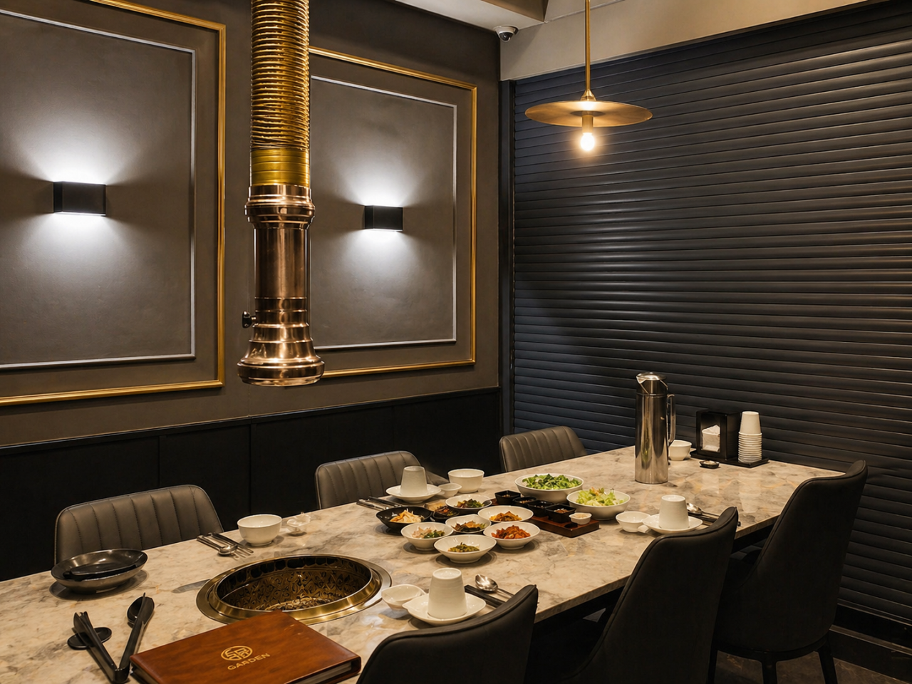 Private room with marble grill table, copper hood, dark walls with gold trim